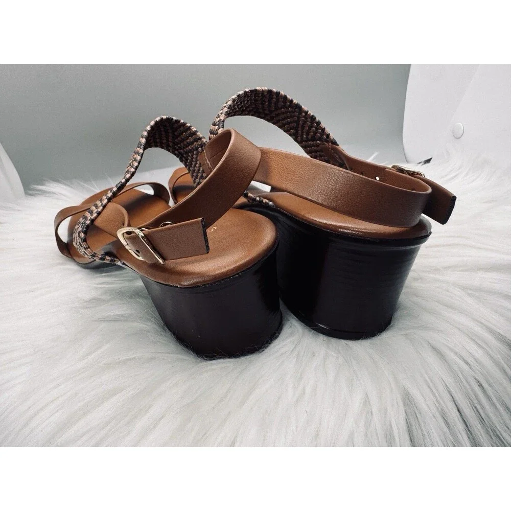 Italian Shoemakers Sandal Womens Size 10 Brown Woven Slingback Italy Block Heel